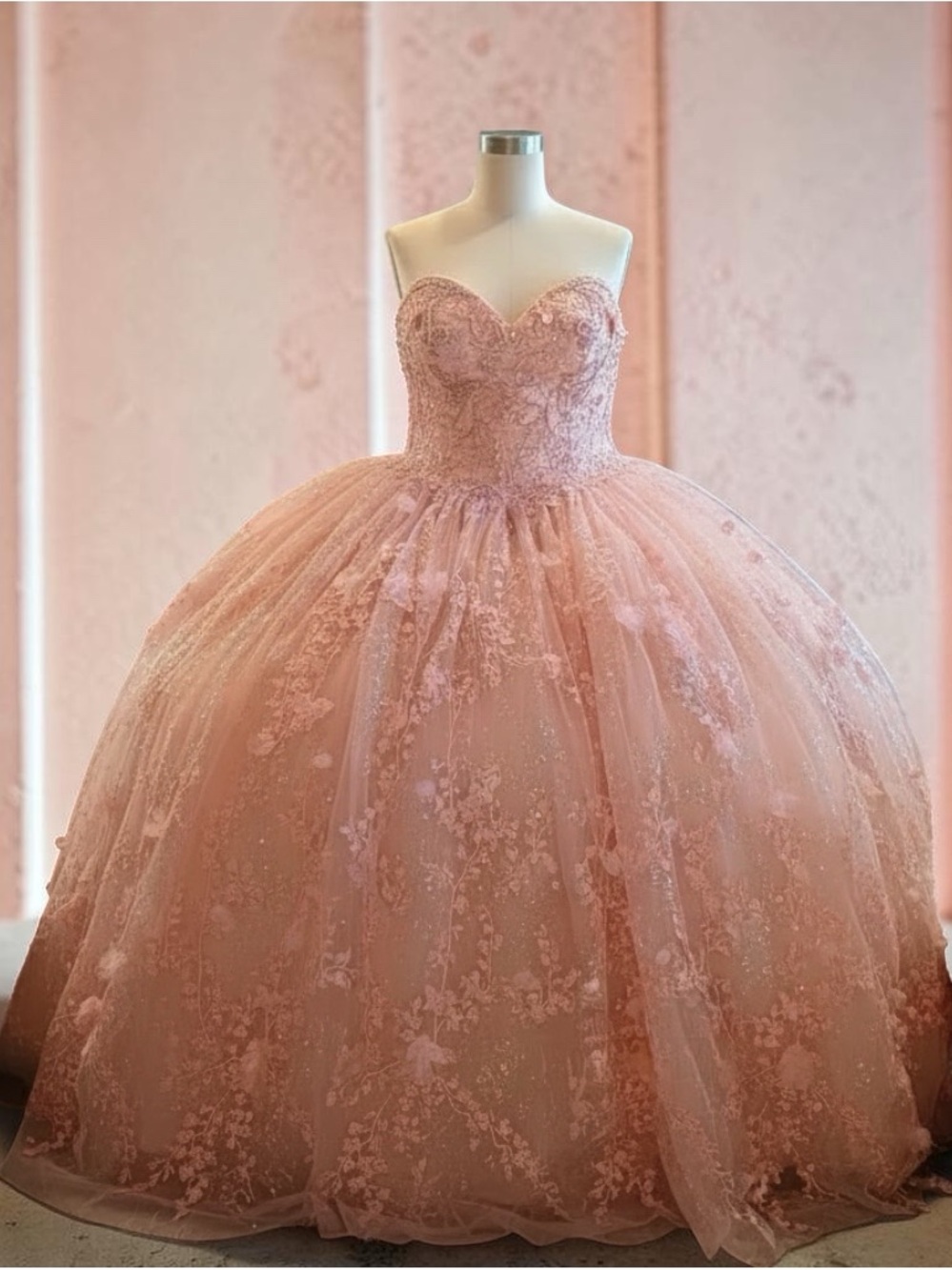 Romantic Strapless Blush Pink Lace Ball Gown